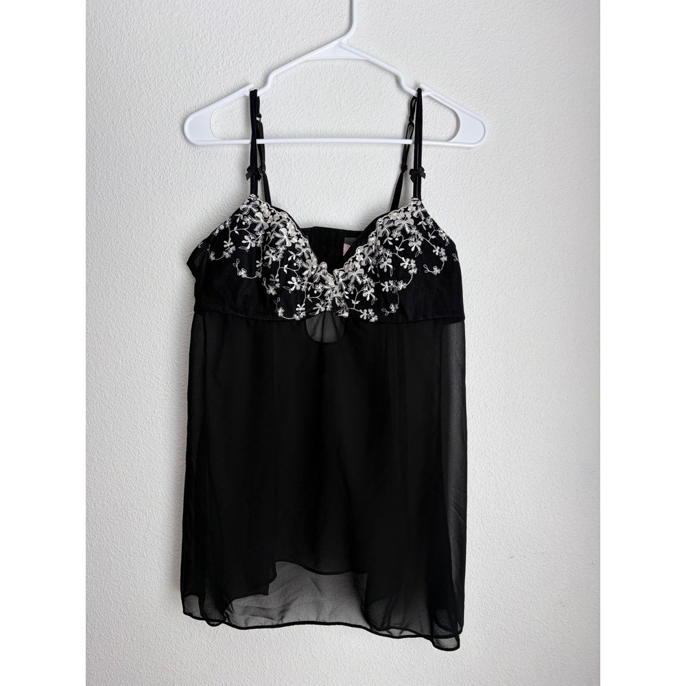 Jezebel Black Floral Embroidered Lace Sheer Mesh Babydoll Chemise Lingerie‎ XL